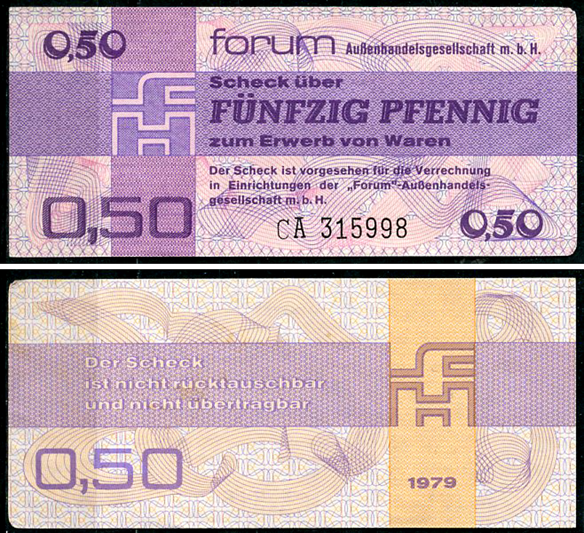 ГДР 50 пфеннигов 1979 валютный сертификат, для хождения внутри форума Pick FX1 бумага 7218-1-3-1