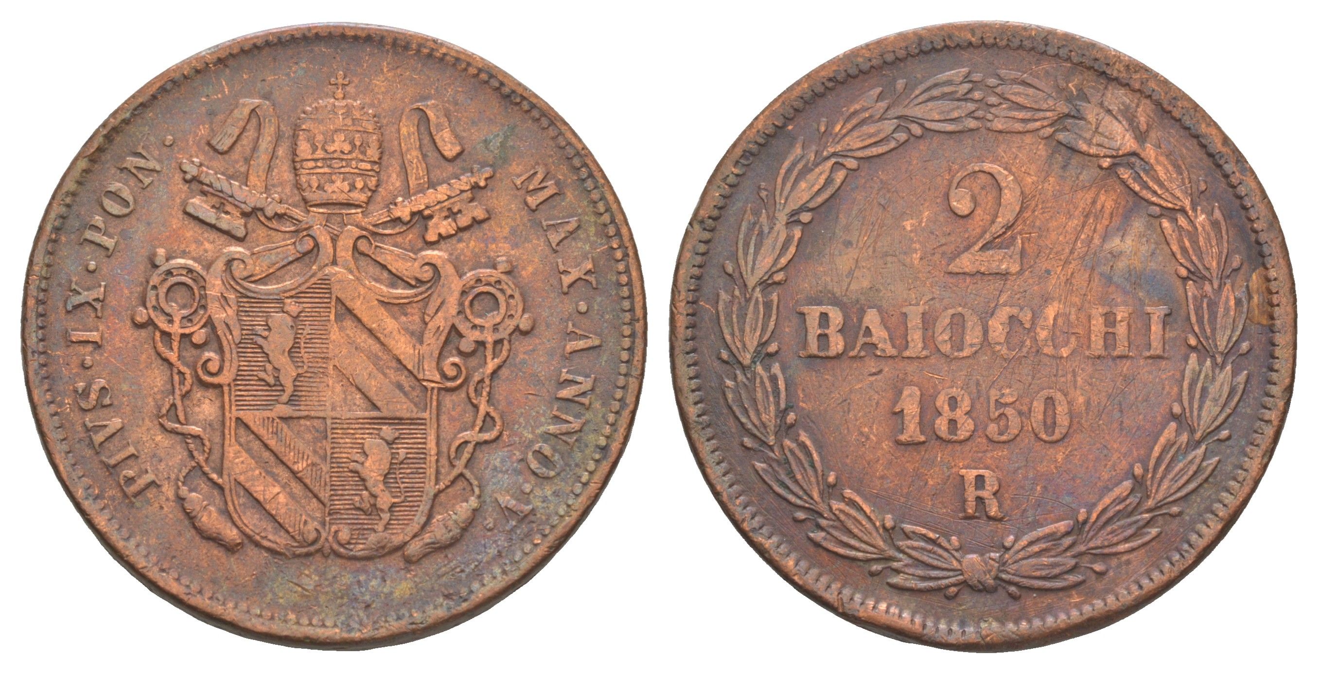 Папская область 2 байокко 1850 R, Пий IX (1846-1878) KM 1344 медь 633-413