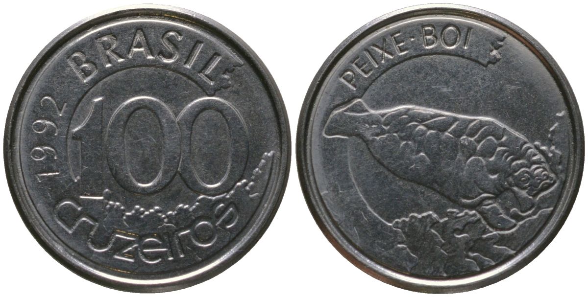 Бразилия 100 крузейро 1992 KM 623, Schon 132 нержавеющая сталь 4576-149