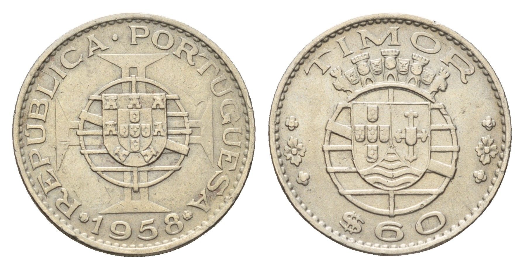 Португальский Тимор 60 сентаво 1958 год-тип KM 12 медь цинк никель 4669-744