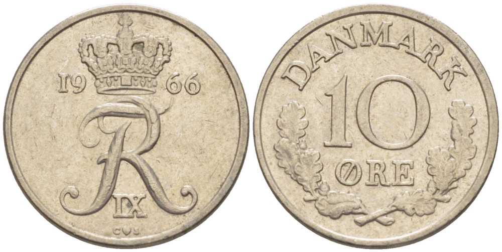 Дания 10 эре 1966 С; S, Фредерик IX (1947-1972) KM 849.1 медно-никель 4387-956