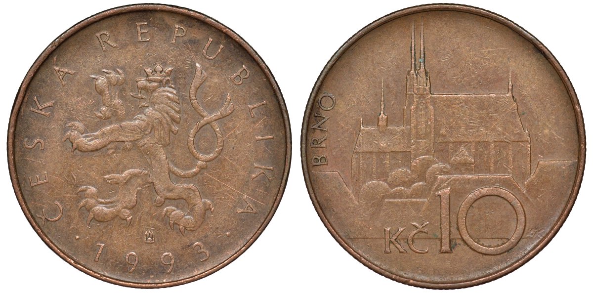 Чехия 10 крон 1993 кафедральный собор, город Брно KM 4 сталь плакированная медью 51-2514
