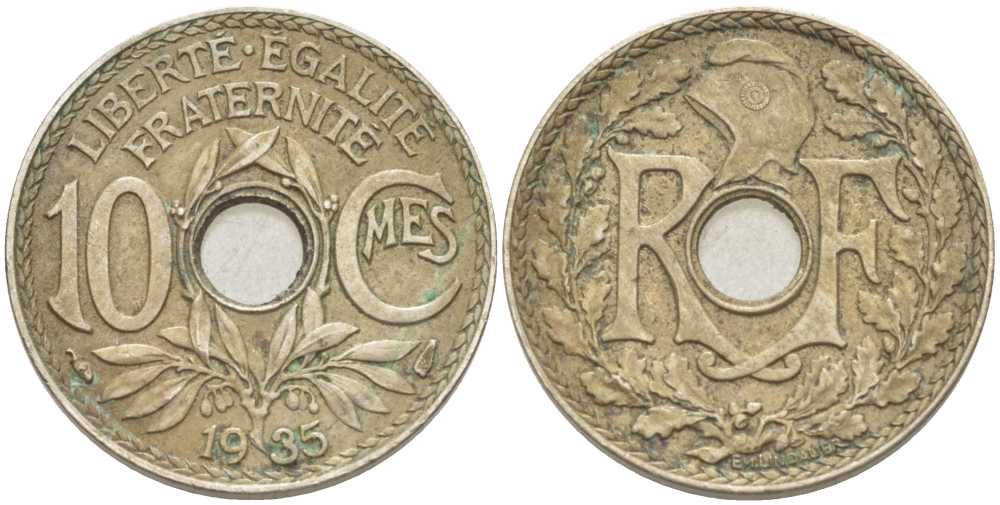 ФРАНЦИЯ 10 САНТИМОВ 1935 ТИП ЛИНДАЙЁ KM 866а, LE FRANC 138.22 медно-никель 175-321