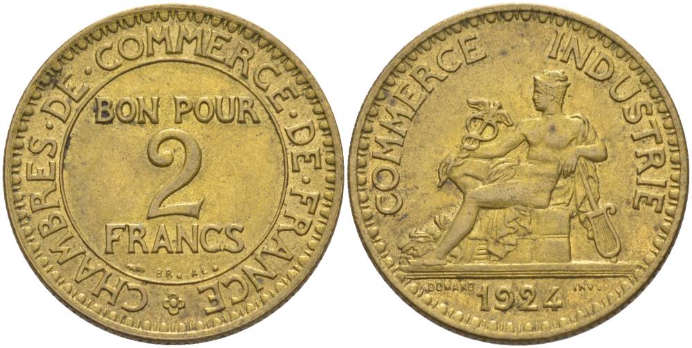 ФРАНЦИЯ 2 ФРАНКА 1924 ТИП CHAMBRES DE COMMERCE KM 877, LE FRANC 267.6 алюминиевая бронза 69-1145