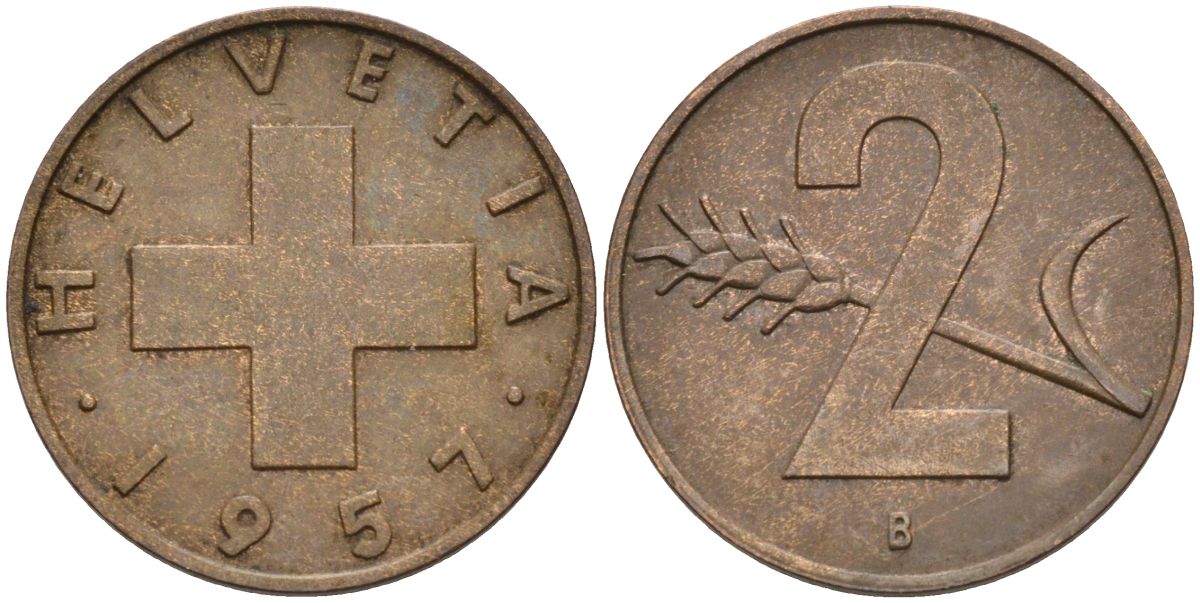 Швейцария 2 раппена 1957 В KM 47 бронза 4591-1126