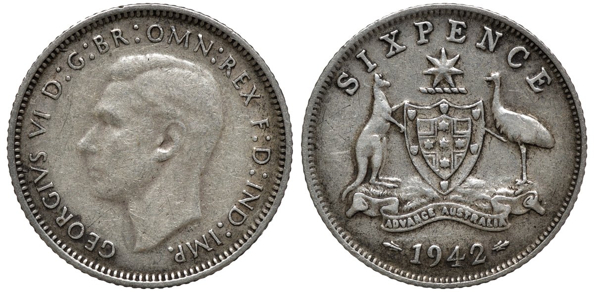 Австралия 6 пенсов 1942 Георг VI (1937-1952), герб Австралии KM 38 серебро 192-851