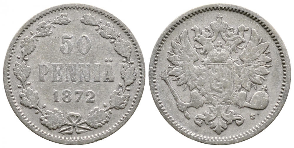 Россия для Финляндии 50 пенни 1872 S, Александр II (1855-1881) KM 2.2, Биткин 638 серебро 413-4025