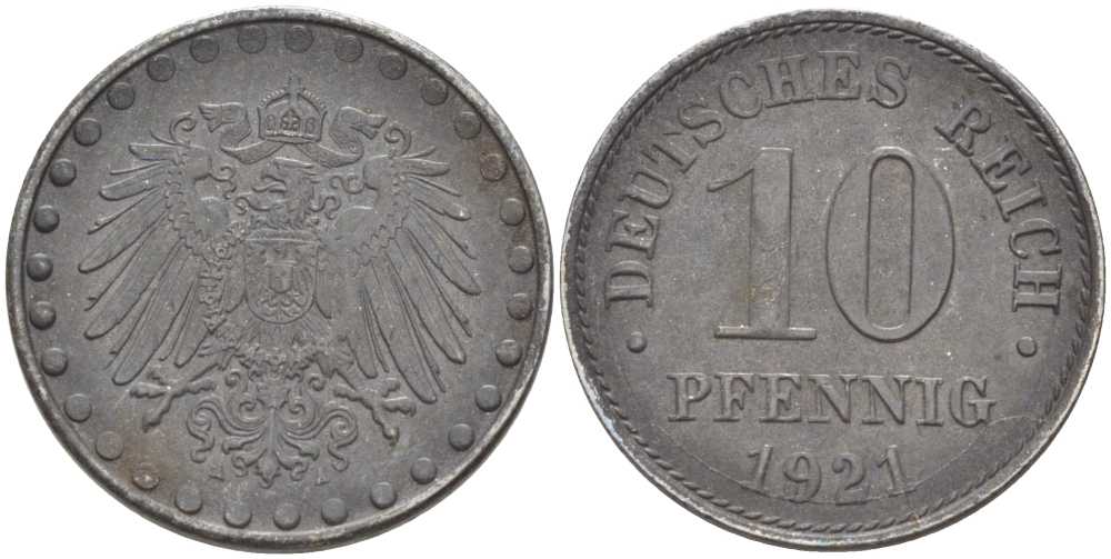 ГЕРМАНИЯ 10 ПФЕННИГОВ 1921 А, (1916-1922) KM 26, J. 298, Weege 8 железо 210-245
