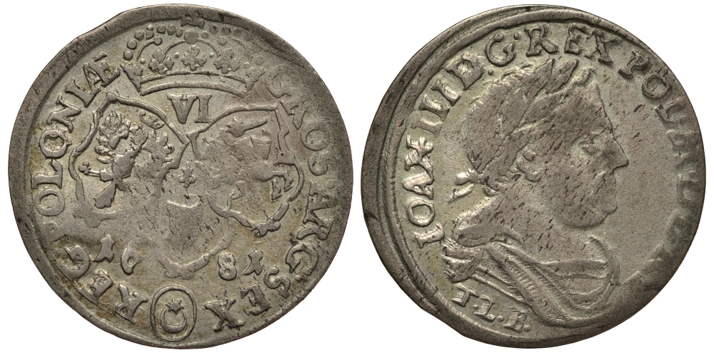 Польша 6 грошей (шостак) 1681 TLB/C, Ян III Собеский (1674-1796), в венке, вес 3,41 гр. KM 128 серебро 1516-1125