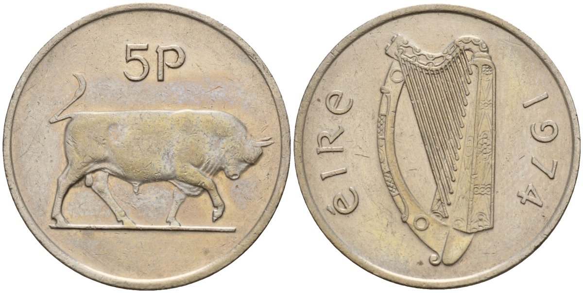 Ирландия 5 пенсов 1974 бык KM 22 медно-никель 4141-255
