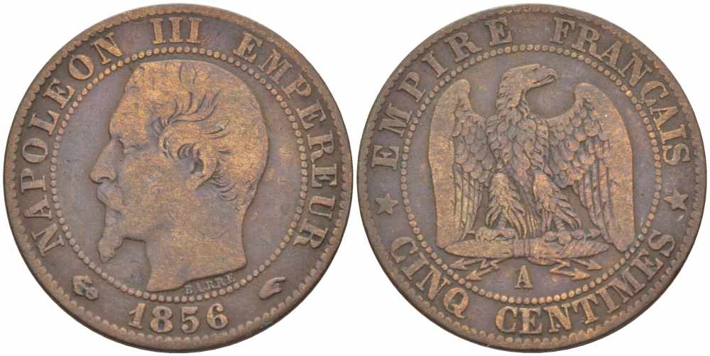 ФРАНЦИЯ 5 САНТИМОВ 1856 A, НАПОЛЕОН III (1852-1870) KM 777.1, LE FRANC 116.30 бронза 108-422