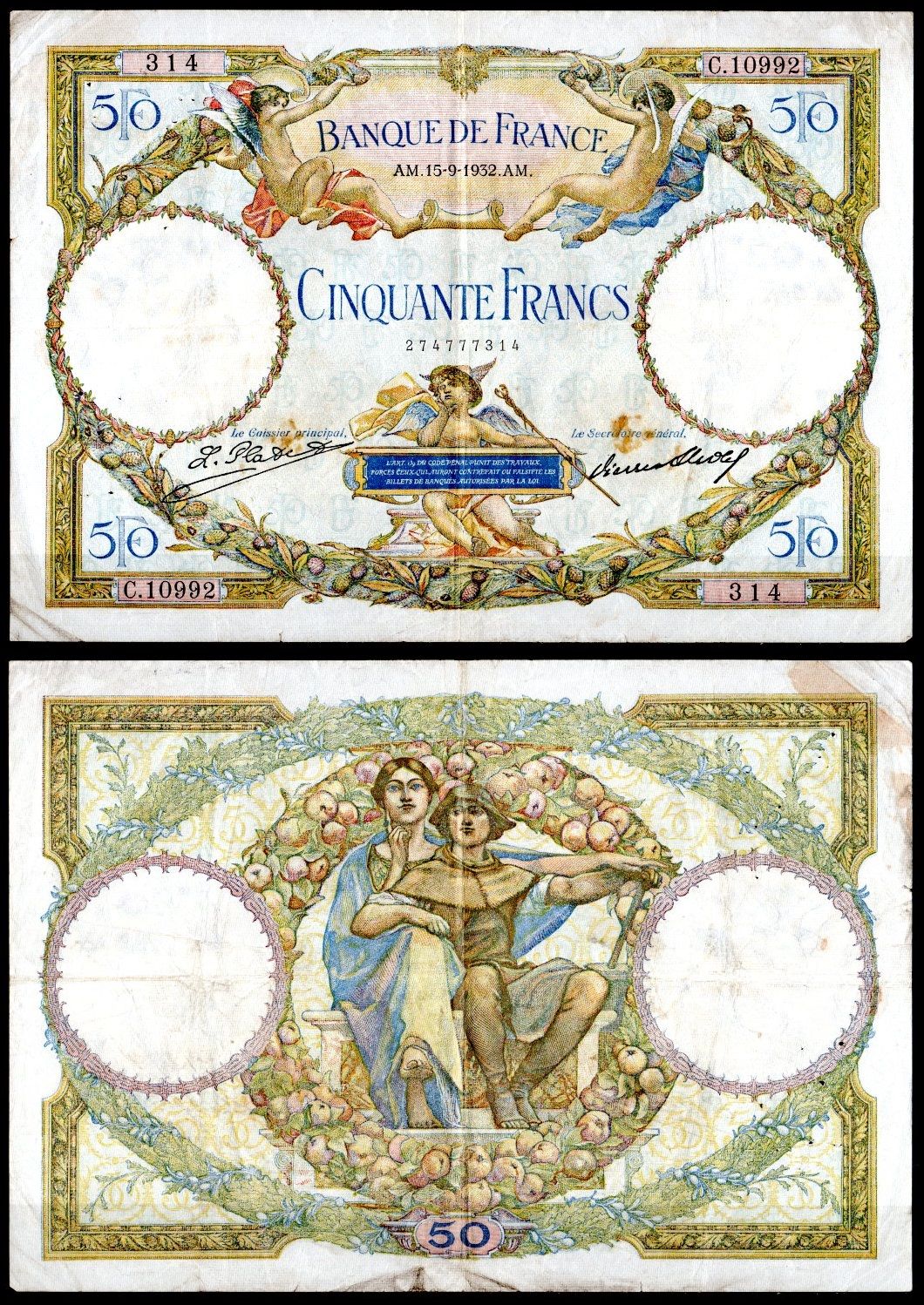 Франция 50 франков 1932 Меркурий, ангелы. Аллегорическая пара Pick 80 a бумага 451-996-2