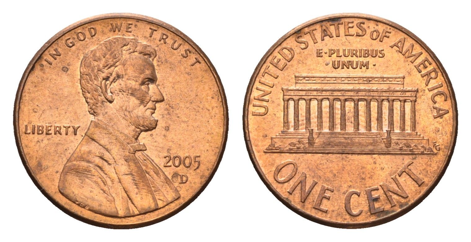 США 1 цент 2005 D, Линкольн KM 201b цинк плакированный медью 4685-512