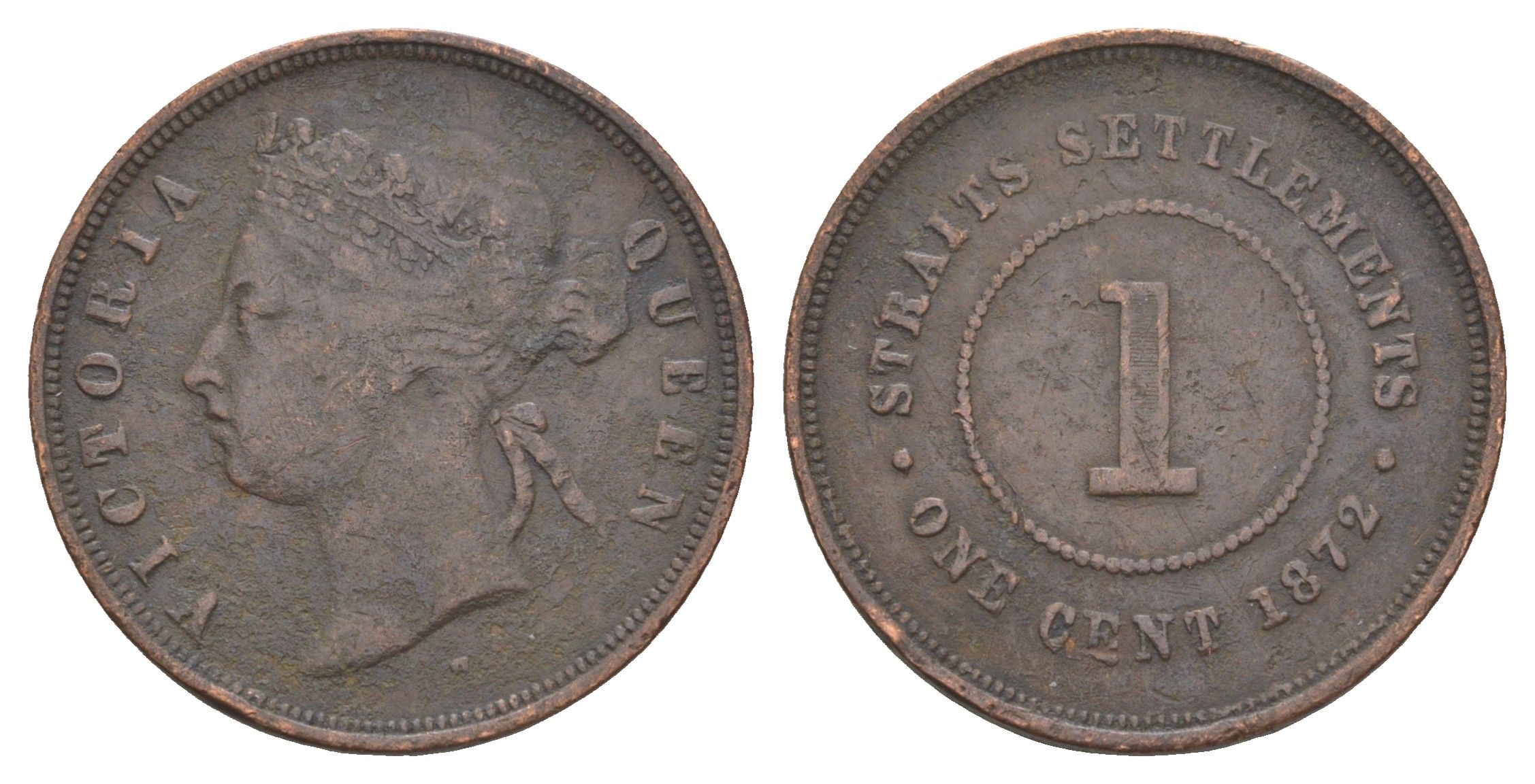 Стрейтс-Сетлментс (Стрейтс Сетлментс) 1 цент 1872 H, Виктория (1837-1901) KM 9 бронза 1518-314