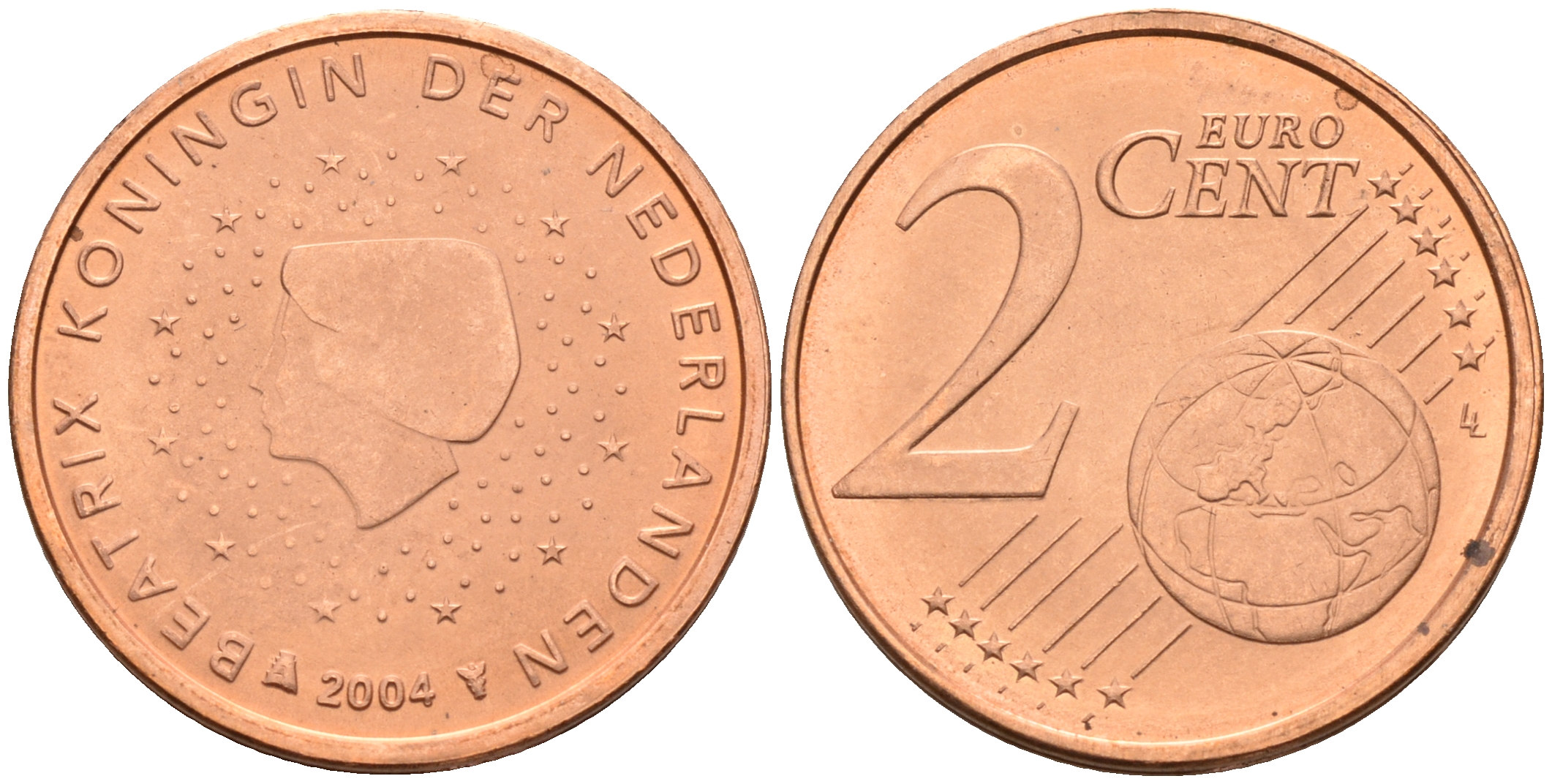 Нидерланды 2 евроцента 2004  КМ 235 сталь плакированная медью UNC   4160-1145