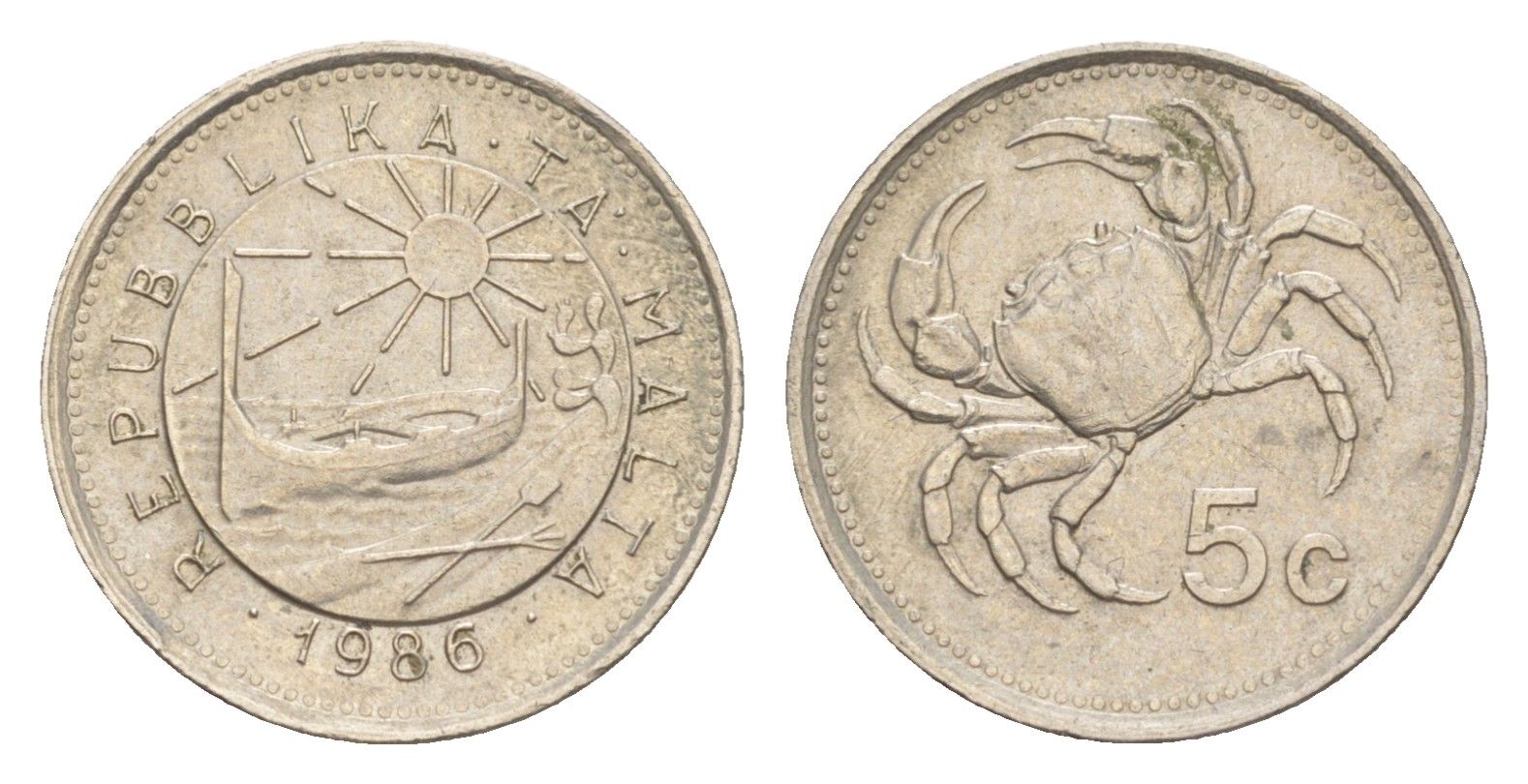 Мальта 5 центов 1986 краб KM 77 медно-никель 4644-1249