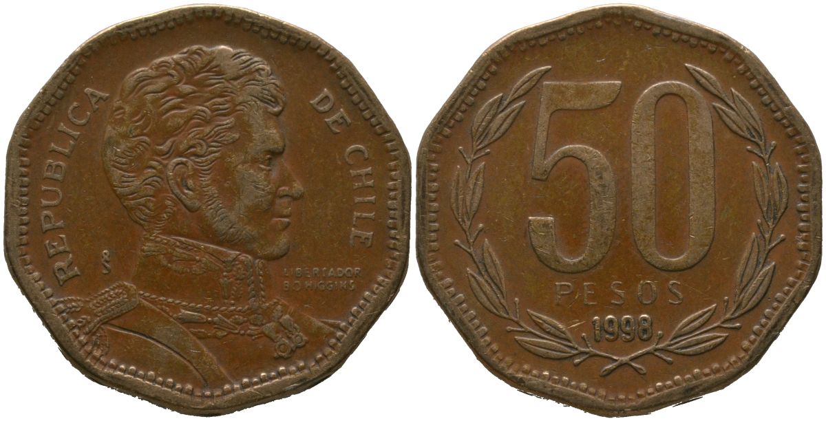 Чили 50 песо 1998 So KM 219.2, Schon 70 алюминиевая бронза 4544-317