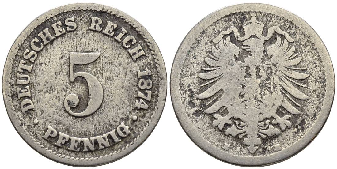 ГЕРМАНИЯ 5 ПФЕННИГОВ 1874 B, СТАРОГЕРБОВКА KM 3, Jager 3, Weege 5 медно-никель 4546-1023