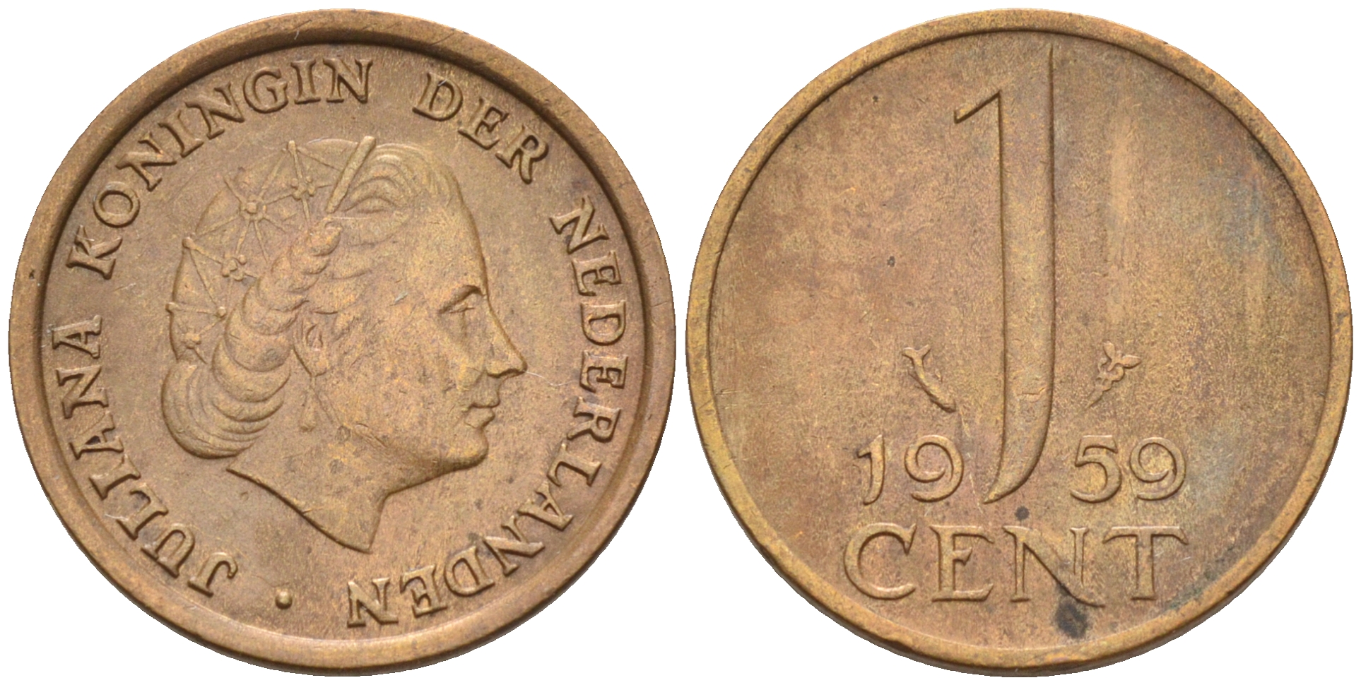 Нидерланды 1 цент 1959 Юлиана (1948-1980) КМ 180 бронза    4174-555