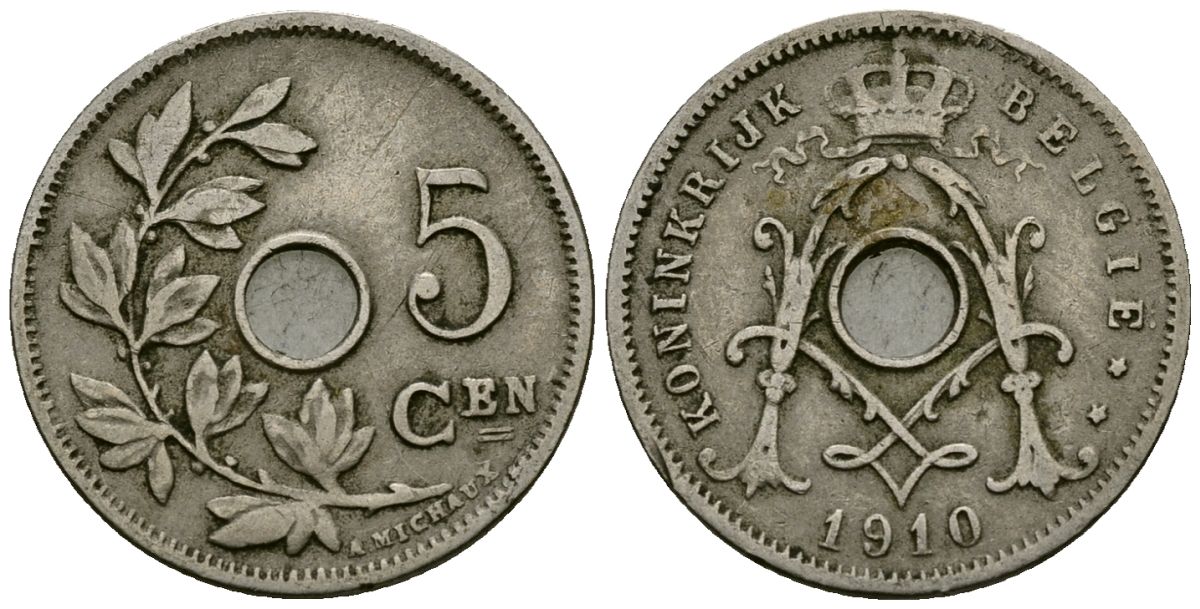 Бельгия 5 сантимов 1910 Belgie KM 67 медно-никель 4173-162