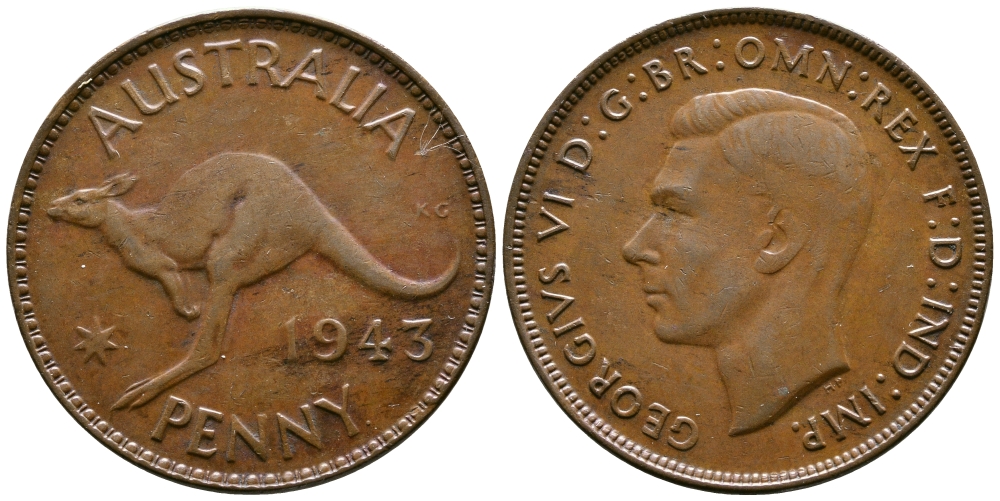 Австралия 1 пенни 1943 p, Георг VI (1936-1952), кенгуру, без буквы I KM 36 бронза 4379-134