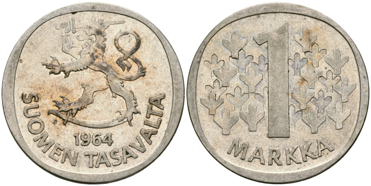Финляндия 1 марка 1964 S KM 49 серебро 4582-1255