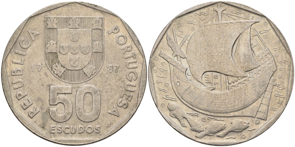 Португалия 50 эскудо 1987 KM 636 медно-никель 4140-113