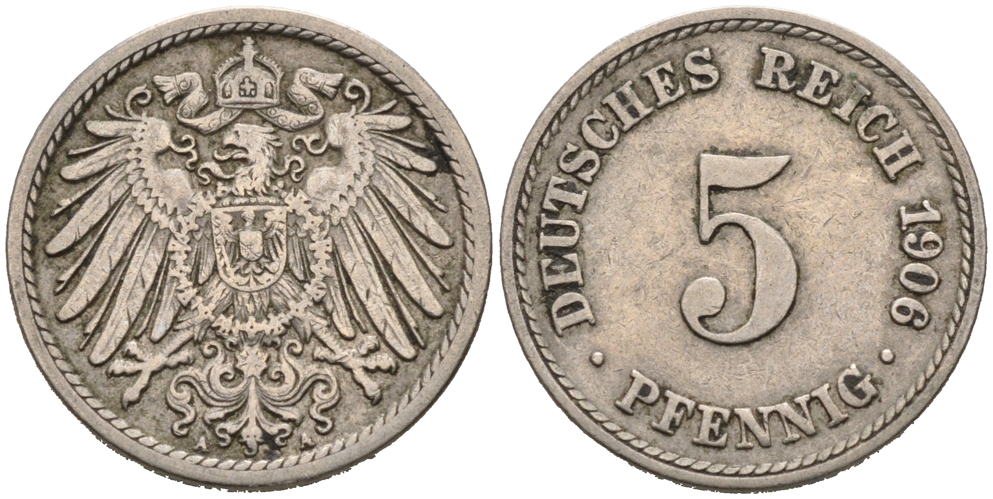 ГЕРМАНИЯ 5 ПФЕННИГОВ 1906 A, KM 11, J. 12 медно-никель 75-938