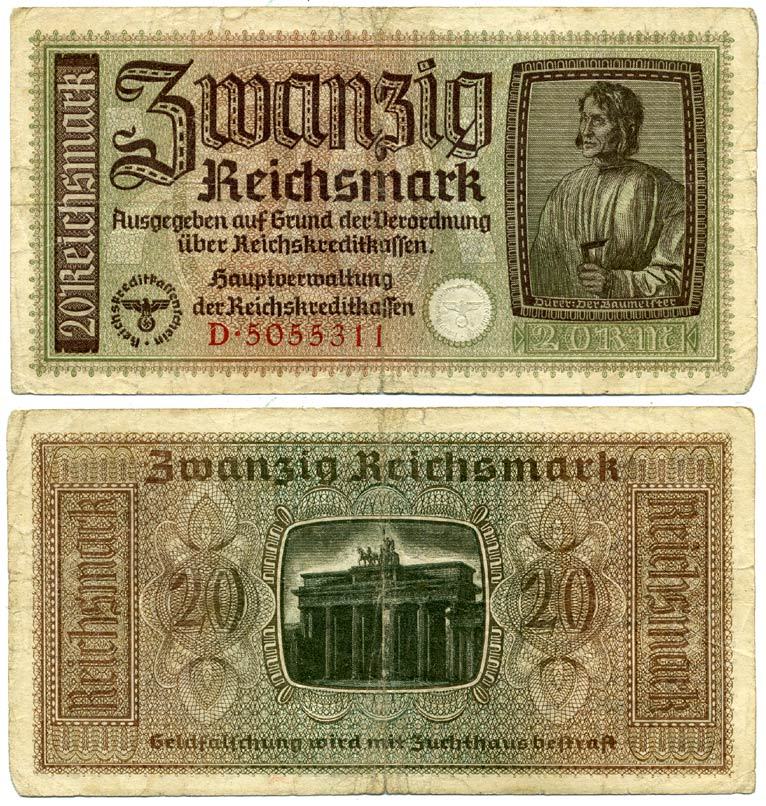 ГЕРМАНИЯ 20 РЕЙХСМАРОК 1940-1945 ДЛЯ ОККУПИРОВАННЫХ ТЕРРИТОРИЙ Pick R139 бумага 3295-66-3