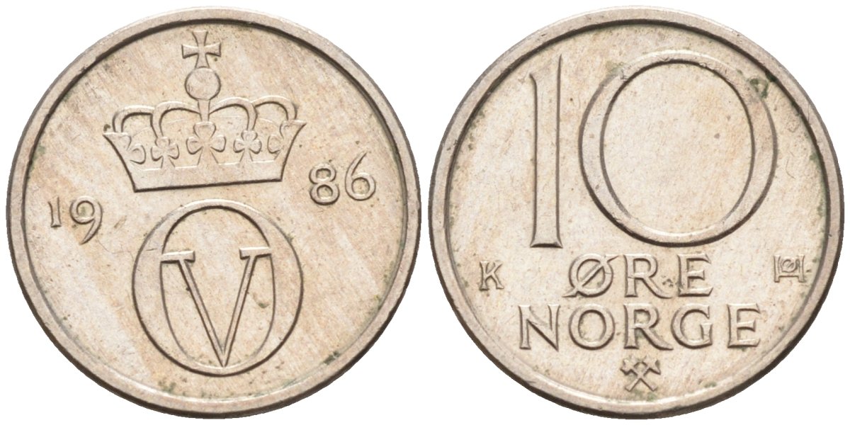 Норвегия 10 эре 1986 Улаф V (1958-1991) KM 416 медно-никель 4585-819