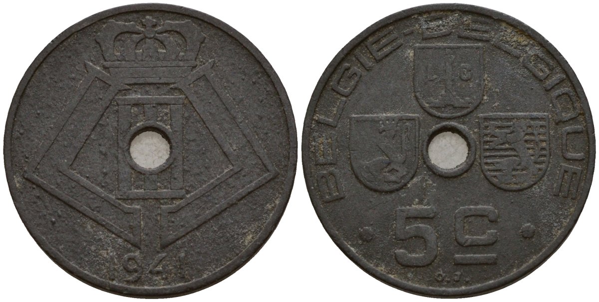 Бельгия 5 сантимов 1941 Belgie - Belgique, Леопольд III (1934-1947), германская оккупация, Вторая мировая война KM 124 цинк 4160-1125
