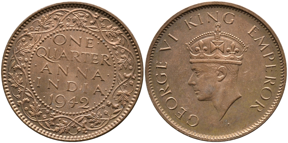 Британская Индия 1/4 анна 1942 Георг VI (1937-1952) KM 531 бронза aUNC 93-1037
