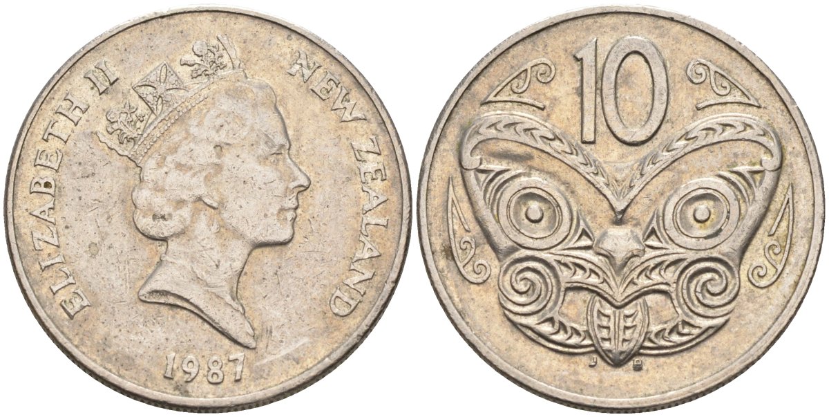 Новая Зеландия 10 центов 1987 Елизавета II (1952-2022), маска маори KM 61 медно-никель 4126-1233