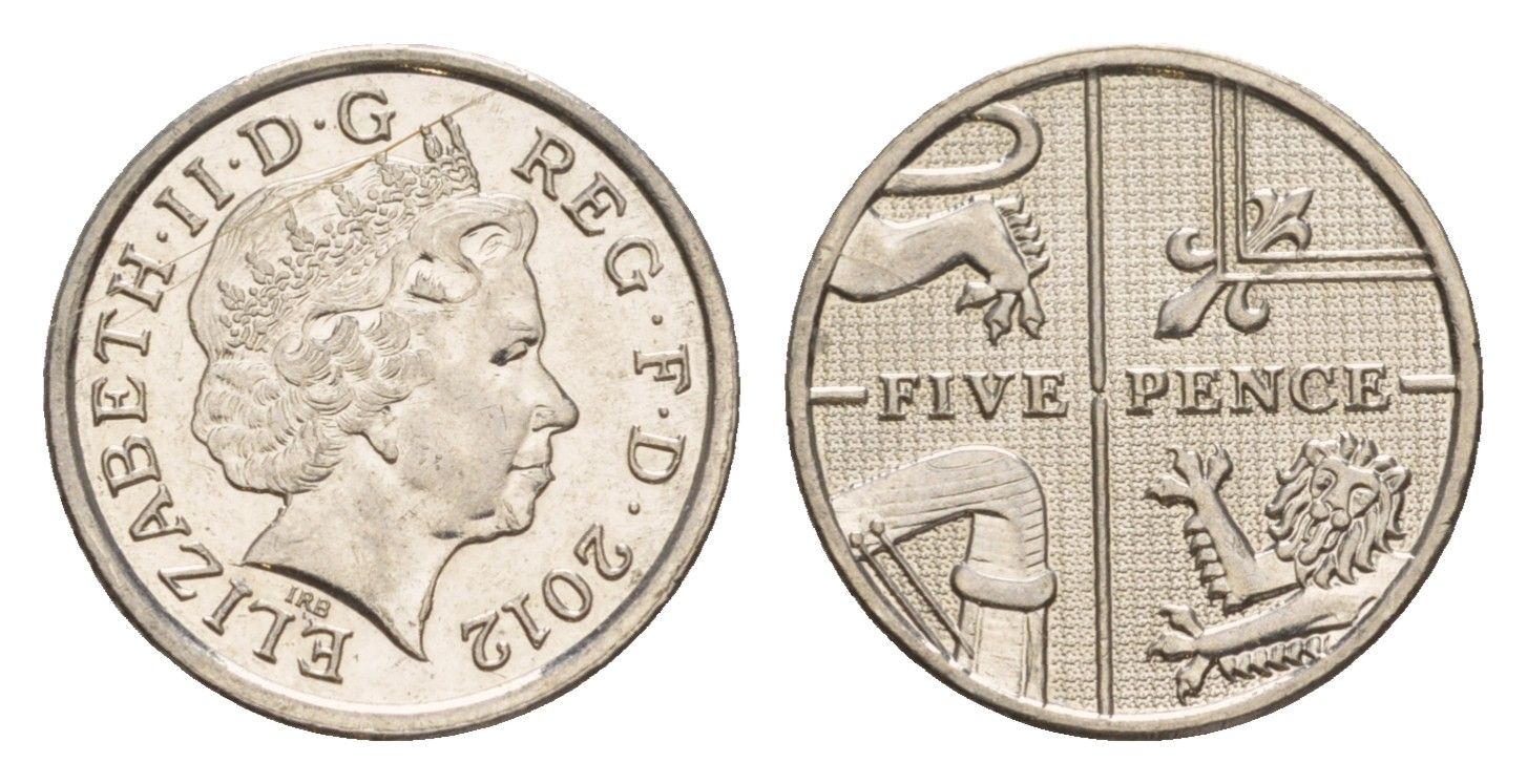 Великобритания 5 пенсов 2012 Елизавета II (1952-2022) KM 1109d, Spink 4671 (D7) сталь плакированная никелем 4178-138