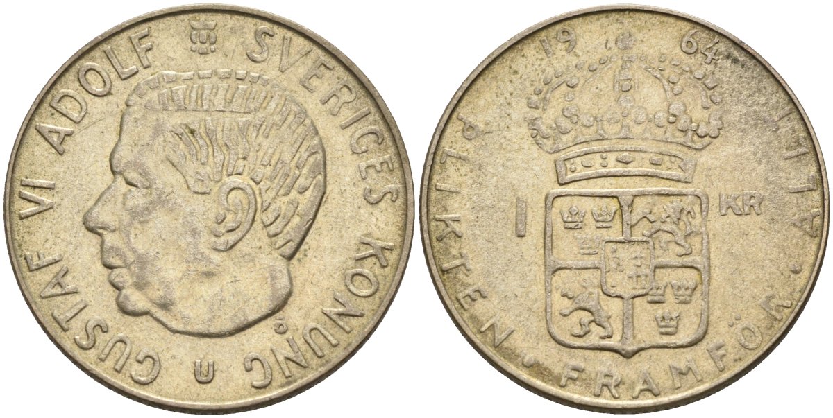 Швеция 1 крона 1964 U, Густав VI Адольф (1950-1973) KM 826 серебро 4582-432