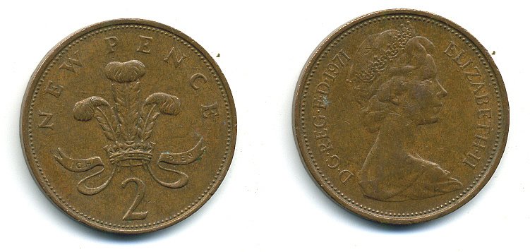 Великобритания 2 пенса 1971 Елизавета II (1952-2022) КМ 916, Spink 4235 (C1) бронза 4110-557