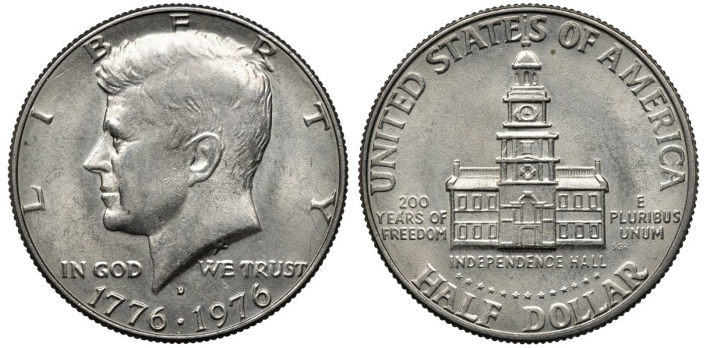 США 50 центов = 1/2 доллара 1976 D, 200 лет независимости, Джон Кеннеди KM 205 медь плакированная медно-никелем 88-1234