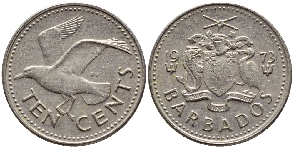 Барбадос 10 центов 1979 смеющаяся (Ацтекская) чайка KM 12 медно-никель 4396-1167