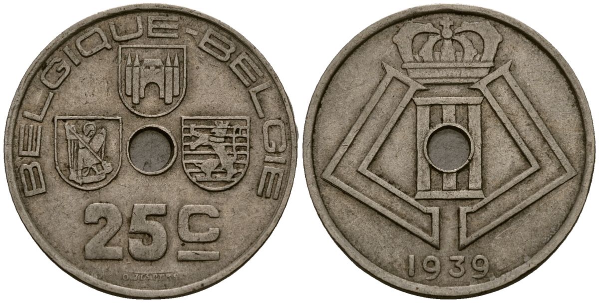 Бельгия 25 сантимов 1939 Belgique - Belgie KM 114 никель латунь 4382-144