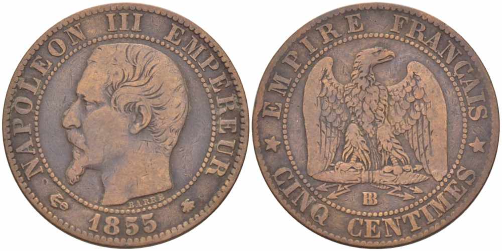 Франция 5 сантимов 1855 BB, Наполеон III (1852-1870) KM 777.3, LE FRANC 116.21 бронза 108-326