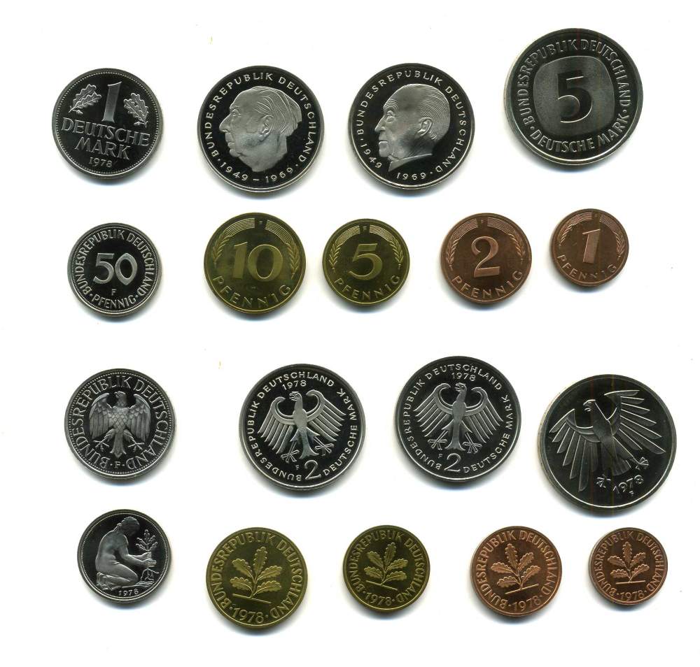 ФРГ набор из 9 монет 1978 F (1, 2, 5, 10, 50 пфеннигов, 1, 2, 2, 5 марок) PROOF N5-27