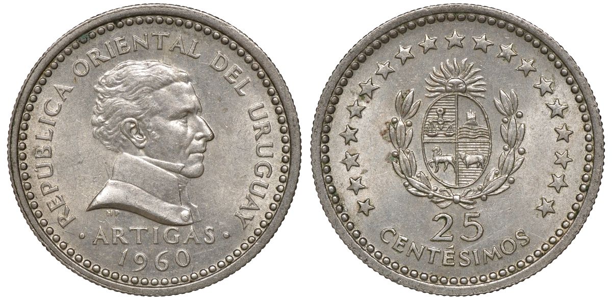 Уругвай 25 сентесимо 1960 KM 40 медно-никель 4169-917