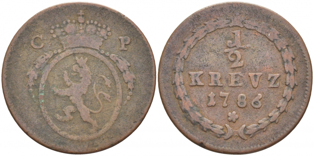 ПФАЛЬЦ-ЗЮЛЬЦБАХ 1/2 КРЕЙЦЕРА 1786 KM 143 (C3), Slg. Noss 456, Haas 358 медь 175-1223