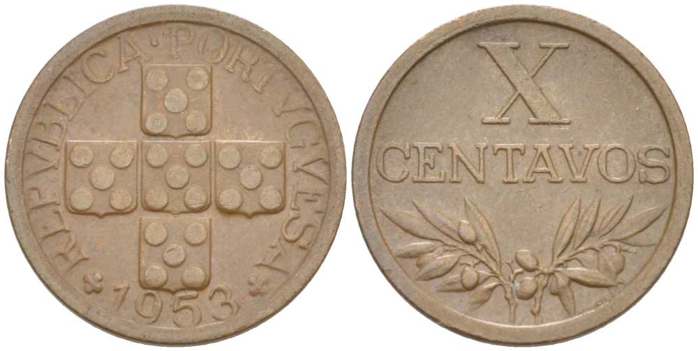 ПОРТУГАЛИЯ 10 СЕНТАВО 1953 KM 583 бронза VF-XF 4516-363