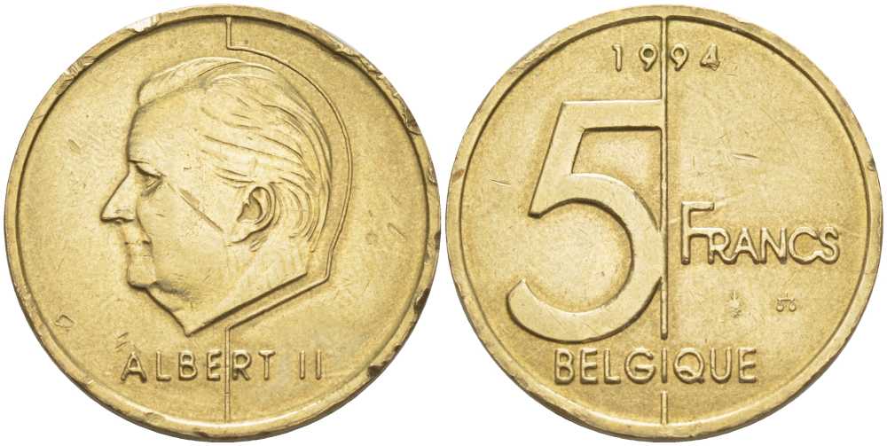 БЕЛЬГИЯ 5 ФРАНКОВ 1994 BELGIQUE, АЛЬБЕРТ II (1993-) KM 189 алюминиевая бронза 4379-1426