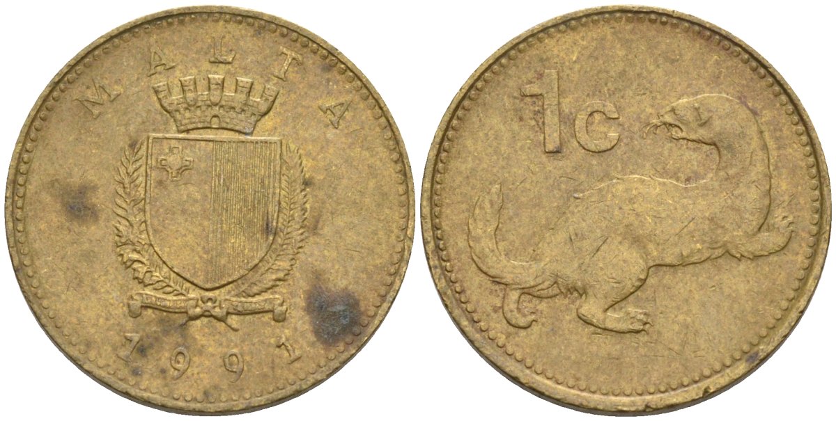 Мальта 1 цент 1991 ласка, горностай KM 93 никель латунь 4585-1156