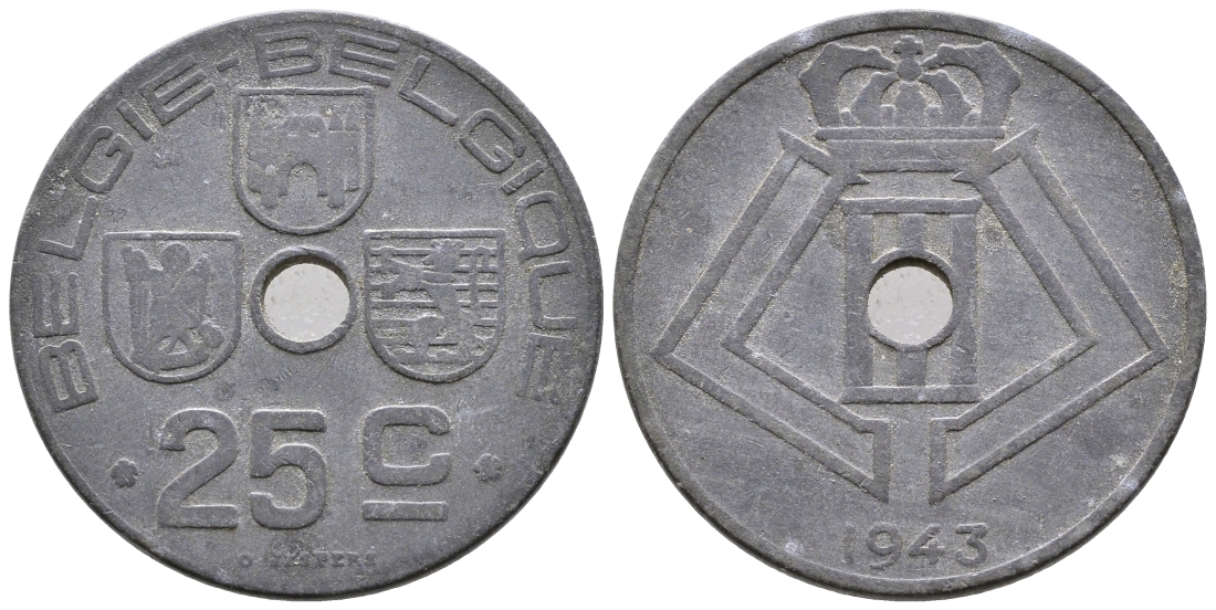 БЕЛЬГИЯ 25 САНТИМОВ 1943 BELGIE-BELGIQUE, ГЕРМАНСКАЯ ОККУПАЦИЯ, ВТОРАЯ МИРОВАЯ ВОЙНА KM 132 цинк 4364-3751