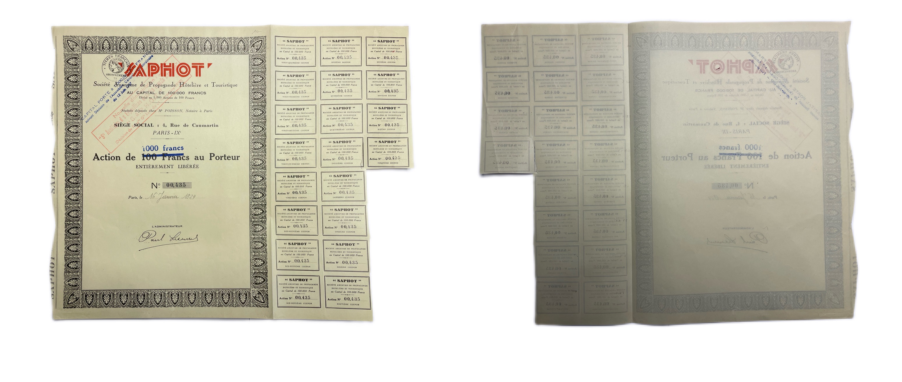 Франция, S.A. de Propagande Hotelire et Touristique акция в 100 франков 1929 20 купонов бумага 49-92-1-2