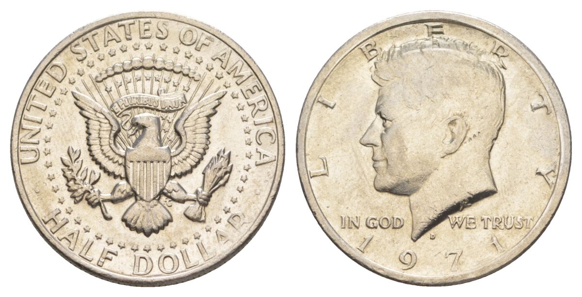 США 1/2 доллара (50 центов) 1971 D, Джон Кеннеди KM 202b медь плакированная медно-никелем aUNC 180-314