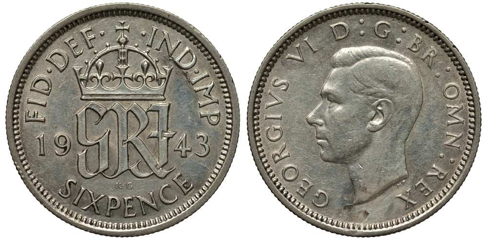 Великобритания 6 пенсов 1943 Георг VI (1936-1952) KM 852, Spink 4084 серебро 1518-232
